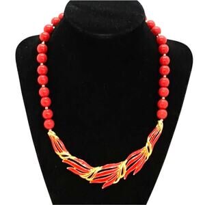 Gold & red enamel omega style pendant necklace vintage 1980's beaded chunky chic